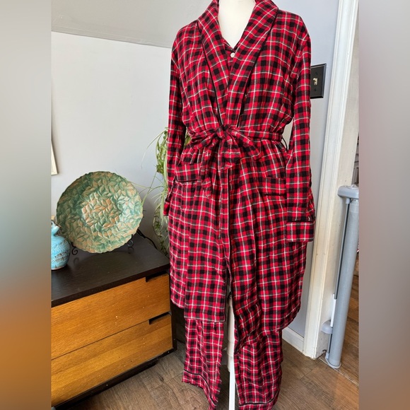 Lands' End Womens 3-Piece Red Plaid Flannel Pajama Set w/ Robe Medium cozy comfy - Picture 6 of 8